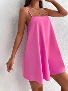Vestido minifalda camiseta de unicolor minimalista y casual sin espalda - Rosa Fucsia - Ver 3