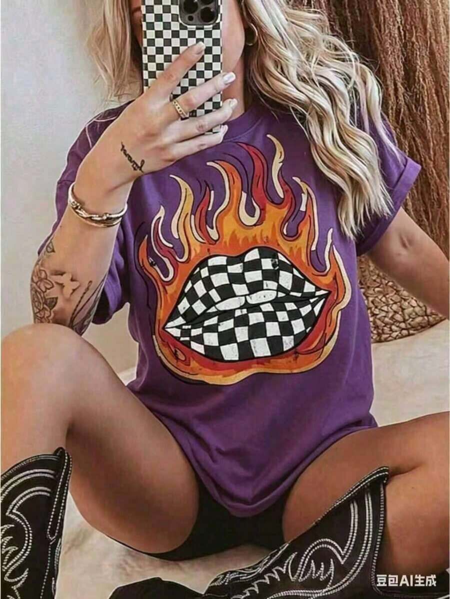 Western Style Plaid Lip Print T-Shirt, Oversized Graphic Tee For Country Concerts, Western Clothing, Retro Country T-Shirt, Funny Graphic Tees For Men And Women, Casual Crew Neck Loose Fit T-Shirts, Casual Short Sleeve T-Shirts For Men And Women. - 紫色 - 查看 1