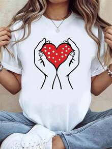 Unisex White Short-Sleeved T-Shirt With Polka Dot Heart Palm Print, Stylish And Fitted For Casual Summer Cycling. Everyday Wear For Sweet Girls Or Students. Cool And Sweat-Free Summer Clothing. Elegant Party Outfit. T-Shirt For Elegant Ladies. Blouses Suitable For Curvy Women. - 白色 - 查看 7