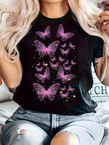 Camiseta con estampado de mariposas rosas, diseño elegante y soñador, adornado con destellos brillantes para un toque romántico de primavera - Negro - Ver 1