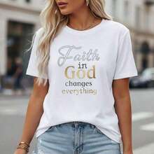 Women's Summer Sets, Cotton T-Shirt With "Faith In God" Letter Print, Casual Short Sleeve Round Neck Top, Loose Fit Religious Graphic T-Shirt, Sizes S-5XL, Soft And Breathable Basic T-Shirt For Everyday Wear, Christian Inspirational Clothing, Women's Spring Sets, 100% Cotton. - 白色 - 查看 1