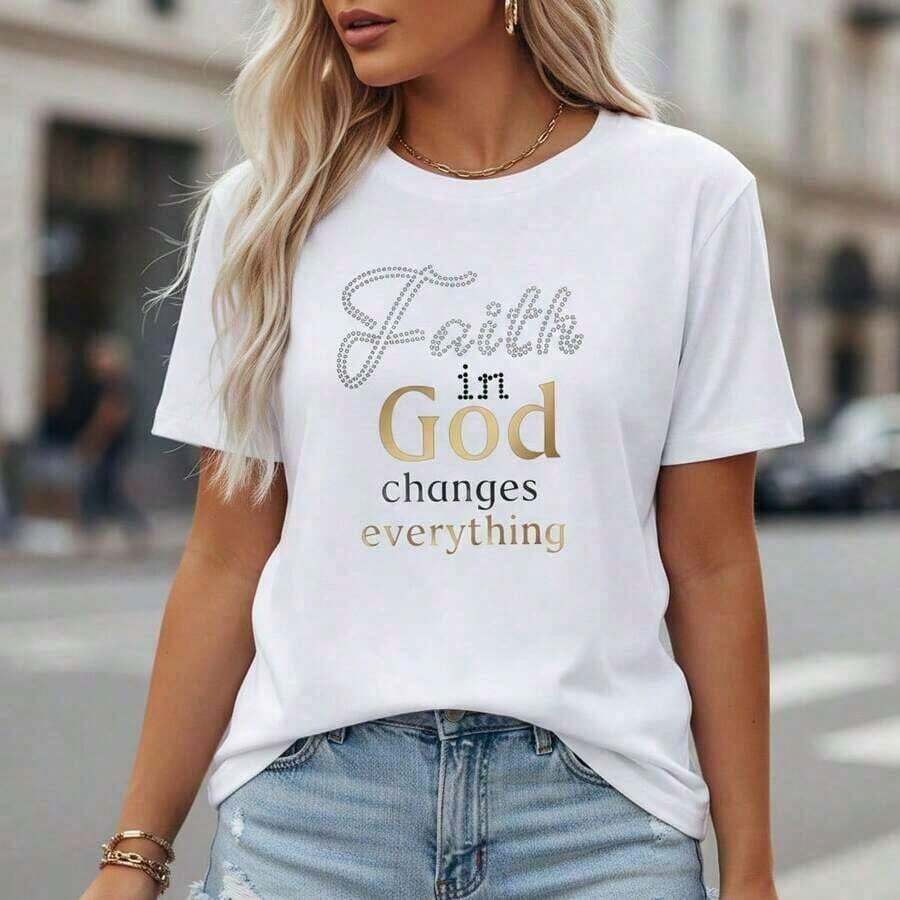 Women's Summer Sets, Cotton T-Shirt With "Faith In God" Letter Print, Casual Short Sleeve Round Neck Top, Loose Fit Religious Graphic T-Shirt, Sizes S-5XL, Soft And Breathable Basic T-Shirt For Everyday Wear, Christian Inspirational Clothing, Women's Spring Sets, 100% Cotton. - 白色 - 查看 1