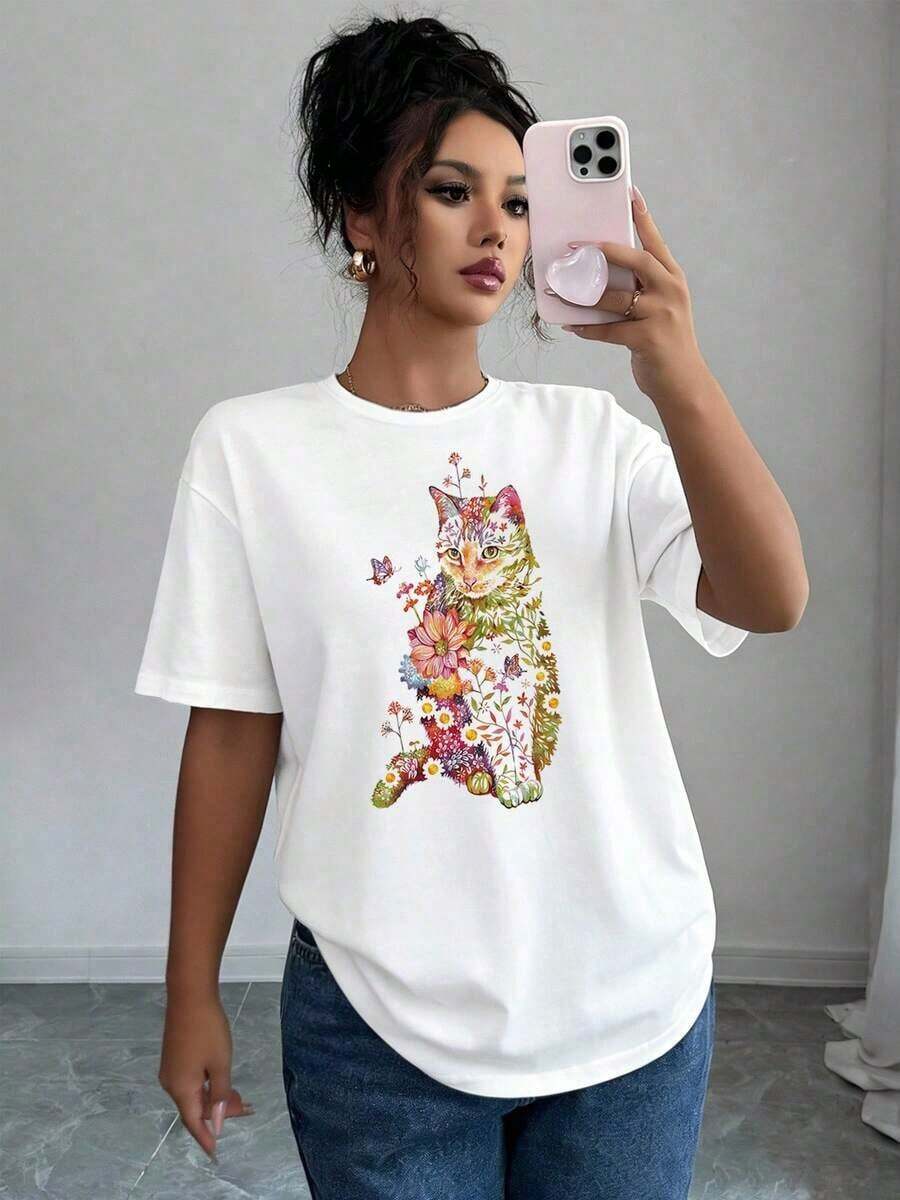 Playera Estampada con Diseño de Flores Silvestres y Gatos, Playeras Básicas de Tallas Grandes para Mujer, Playeras Casuales de Manga Corta, Esenciales Ligeras para el clóset de Verano - Blanco - Ver 1