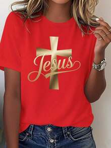 MinimalistCamiseta roja de mujer con estampado de la cruz de Jesús, cuello redondo, manga corta, estilo casual holgado, de inspiración religiosa, versátil para el uso diario, cómoda y transpirable. 
   Camisas de mujer, camisas casuales de mujer, camisas de dama, camisas informales de mujer.Women's Simple Solid Color T-shirt, Loose and Slim Fit Casual Short Sleeve - Negro - Ver 7