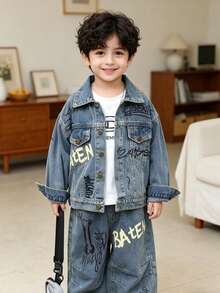 2pcs/Set Boys Casual Denim Jacket And Jeans Outfit Set, Loose Fit Suitable For Daily, School, Outdoor Wear, Autumn - Baby Blue - View 7