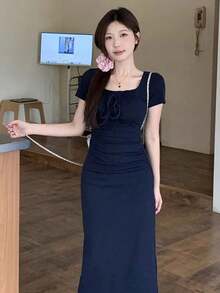 Y6Y Vestido elegante de corte ceñido y cuello cuadrado de talla media para mujer, de estilo primavera/verano en color azul francés - Azul - Ver 7