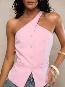 Blazer informal sin mangas de color albaricoque para mujer, conjunto de verano versátil - Rosa - Ver 6