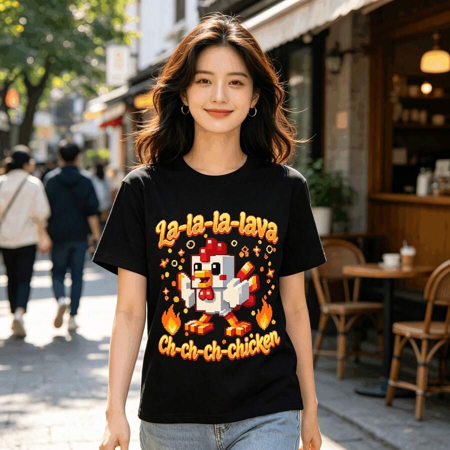 Tops para mujerUna linda Chaqueta de manga corta con estampado de pollito estilo pixelado, suave y cómoda, perfecta para uso casual diario en verano. - Negro - Ver 1