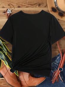 Elegant Women's T-Shirt With Round Neck And Letter Print In Polyester For Spring/Summer - A Very Distinctive Printed T-Shirt / Unisex Style / Suitable For Both Men And Women / Wrinkle-Resistant / Breathable - 黑色 - 查看 2