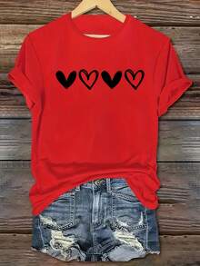 1 pieza de camiseta de manga corta con cuello redondo, estampada con un patrón de corazón simple, estilo casual, para el Día de San Valentín, de la serie deportiva para mujer, 100% algodón.ropa de calor mujer - Rojo - Ver 7