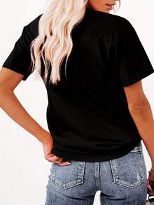 Women's Modern, Casual T-Shirt, Perfect For Parties And Lounging At Home. 100% Cotton, Loose Fit. Mystical Wind, Moon, And Star Printed Short-Sleeve Round-Neck T-Shirt. 100% Cotton - 黑色 - 查看 3