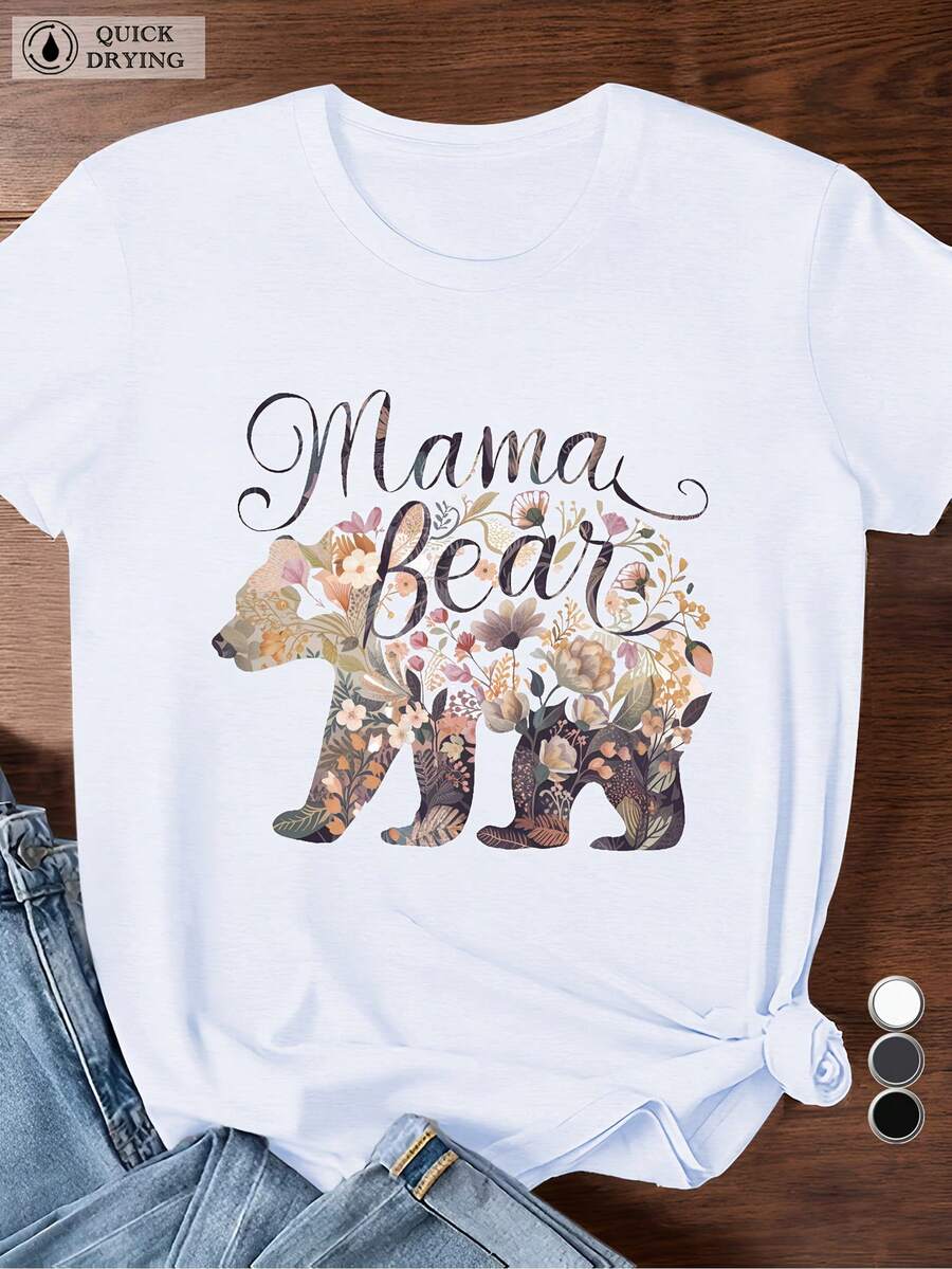 Camiseta deportiva de manga corta de talla para mujer con diseño floral MAMA BEAR - Blanco - Ver 1