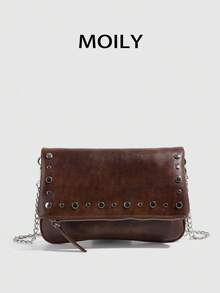 1pc Rivet Design Shoulder Crossbody Square Bag, PU Material, Metal Chain, Zipper Closure, Suitable For Shopping, Dating, Commuting, Party, Gift Giving - Brown - View 7