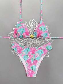 Conjunto de bikini de 2 piezas con tirantes finos, cuello halter, base negra, lunares blancos y estampado aleatorio dulce y lindo con corte alto en los laterales para mujer, primavera/verano 2026 - Multicolor 9 - Ver 3