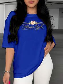 Classic And Elegant T-Shirt With A Gold Floral Print, Round Neck, And Short Sleeves. Regular Length And Casual Style, Ideal For University Life, Shopping, And Everyday Wear. A Bestseller. - 藍色 - 查看 3
