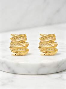 304 Stainless Steel Textured Wavy Stud Earrings, Hypoallergenic Pleated Design Exaggerated Earrings, Fashionable Layered Daily Wear Jewelry - Multicolor - View 5