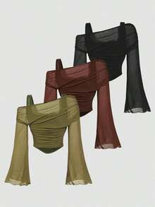 STop largo de mujer con mangas trompeta de 2 en 1 con hombros descubiertos y malla, estilo occidental, vintage, de los 70, The Bachelorette - Multicolor - Ver 2