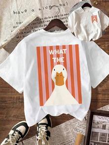Camiseta Premium para Mujer, Casual, Cuello Redondo, Manga Corta, Estampado de Pato, Tejido de Punto, Corte Regular, Ecológica - Blanco - Ver 7