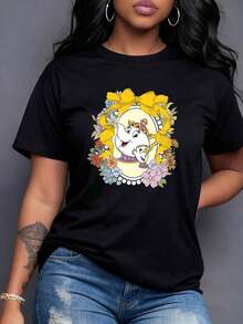 Taza sonriente rodeada de flores coloridas y lazos amarillos que simbolizan alegría familiar y ternura camiseta para mujer casual cómoda ideal para uso diario,Camiseta de mujer elegante. - Negro - Ver 1