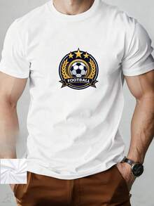 Camiseta de cuello redondo con gráfico impreso para hombres, insignia de fútbol estilo plano de dibujo animado, fútbol en blanco y negro, hojas de laurel doradas, tres estrellas doradas, atuendos casuales elegantes para hombres - adecuados para uso diario, vacaciones y entusiastas del fútbol. - Negro - Ver 6