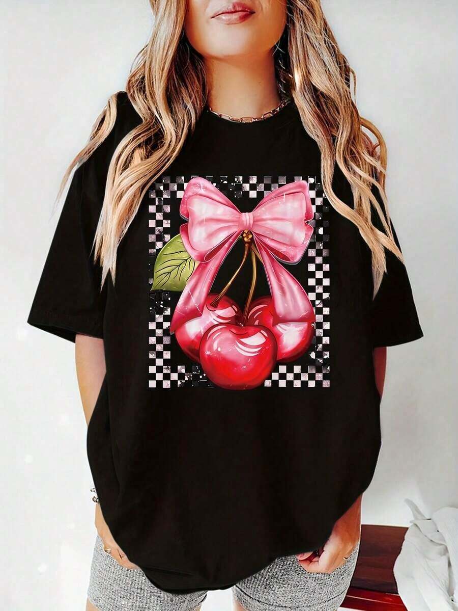 Camiseta de mujer Cherry & Checker con hombros caídos, suave y transpirable, de manga corta, perfecta para uso diario, actividades al aire libre, viajes y estilo casual, cómoda para llevar todo el día. - Negro - Ver 1