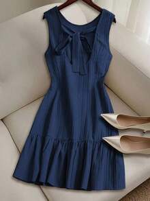 Vestido casual mini de mujer con tirantes de amarre, espalda descubierta, sin mangas, corte evasé y dobladillo con volantes - Azul 2 - Ver 2