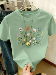 Camiseta de algodón 100% cómoda con bordado de flores silvestres oversize, camiseta bordada con flores, camiseta de cuello redondo y manga corta para el verano - Multicolor 4 - Ver 4