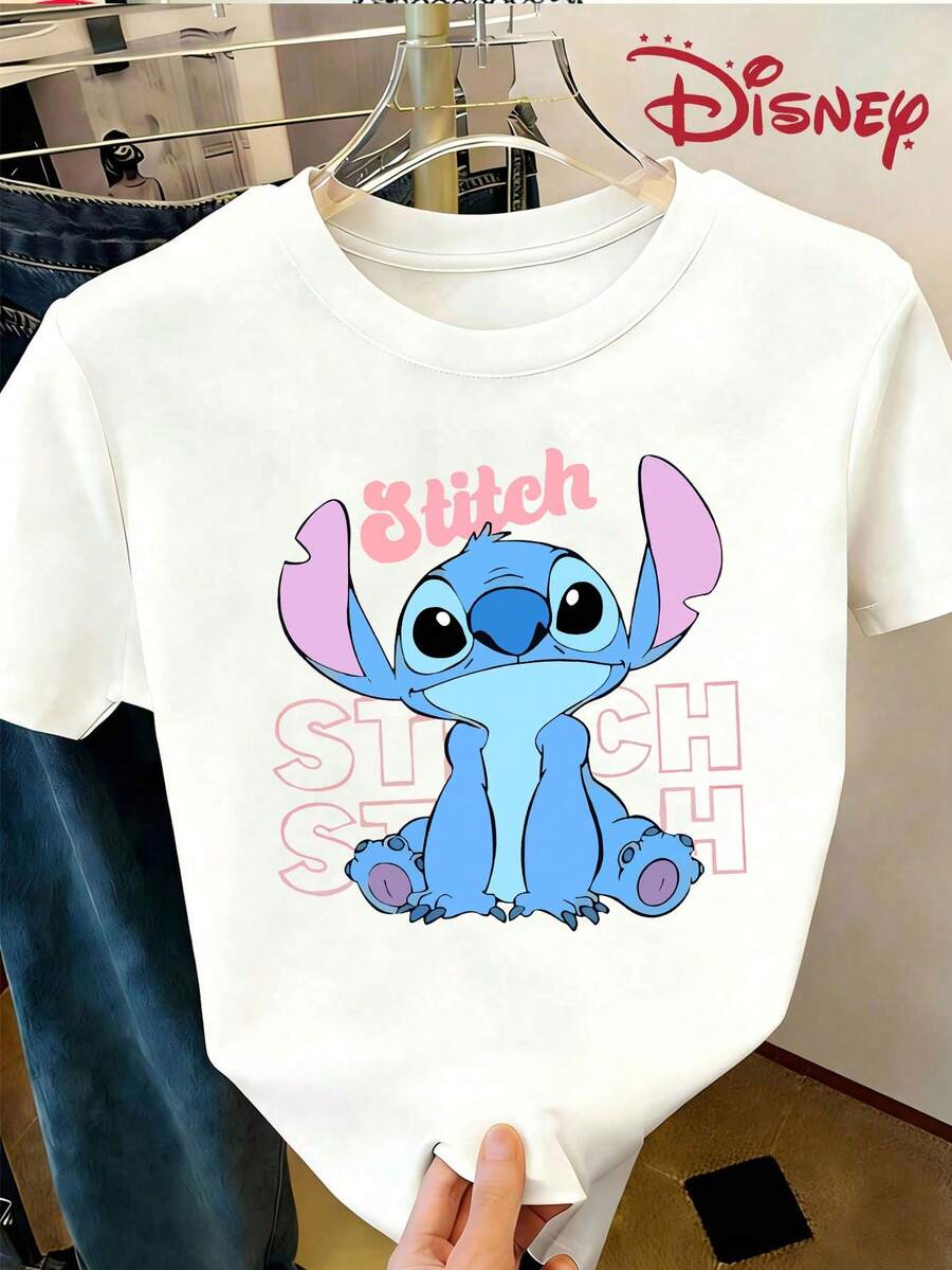 Disney Official Stitch Print Women's Summer Short Sleeve Loose Comfort Crew Neck T-Shirt, Casual And Versatile - 白色 - 查看 1