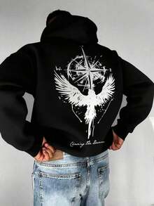 Men's Hoodie, Compass And Wings Print, Loose Fit, With Adjustable Drawstring, Autumn/Winter - Army Green - View 5