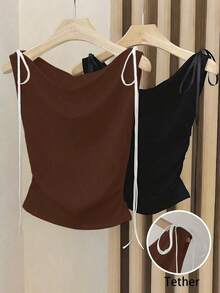 Blusa sin mangas de seda de leche blanca con cuello de barco, diseño de lazo en la cintura, estilo sexy, ideal como regalo de cumpleaños, para citas, fiestas o el trabajo.Diseño versátil y elegante para primavera y verano. - Café integral - Ver 5