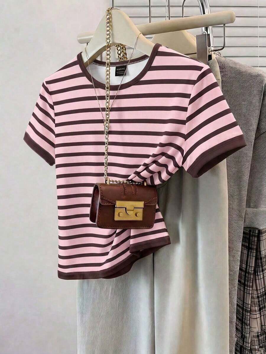 Camiseta casual de mujer de cuello redondo de manga corta a rayas, camiseta a rayas de estilo retro francés de color café, top de manga corta de cuello redondo estilizador y versátil, camiseta básica casual suave y pegajosa, top a rayas, pri - Multicolor 7 - Ver 1