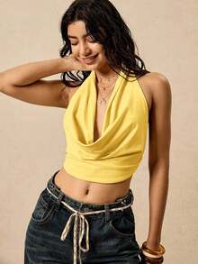 Blusa elegante y sexy de mujer con cuello drapeado y espalda descubierta de unicolor - amarillo ganso - Ver 4