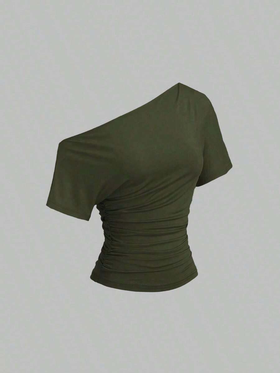 Nueva camiseta casual de primavera/verano para mujer, de estilo elegante y chic de la calle, con hombro asimétrico, ajuste delgado, deportiva, versátil y cómoda - Verde - Ver 1