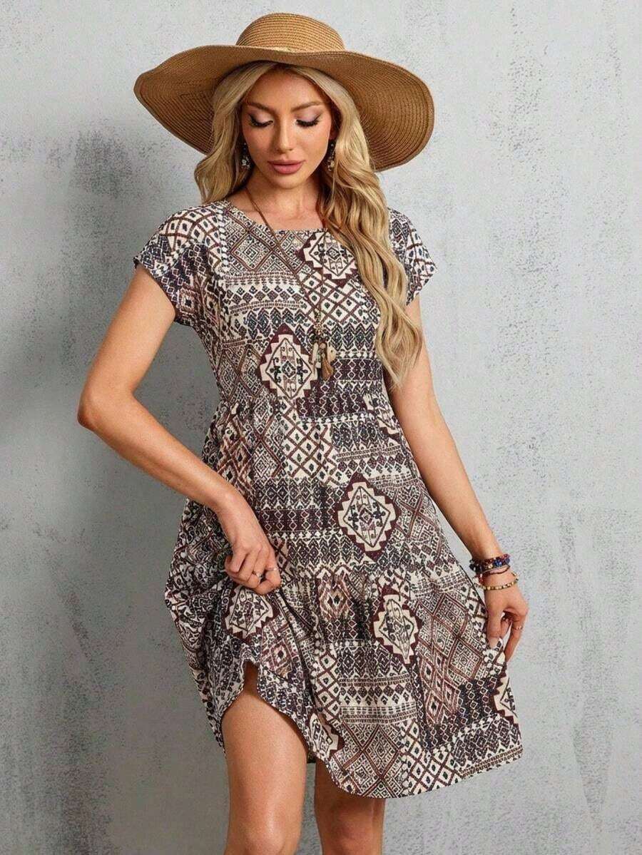 Vestido midi de mujer de manga corta y manga de murciélago con estampado floral, para verano - Multicolor - Ver 1