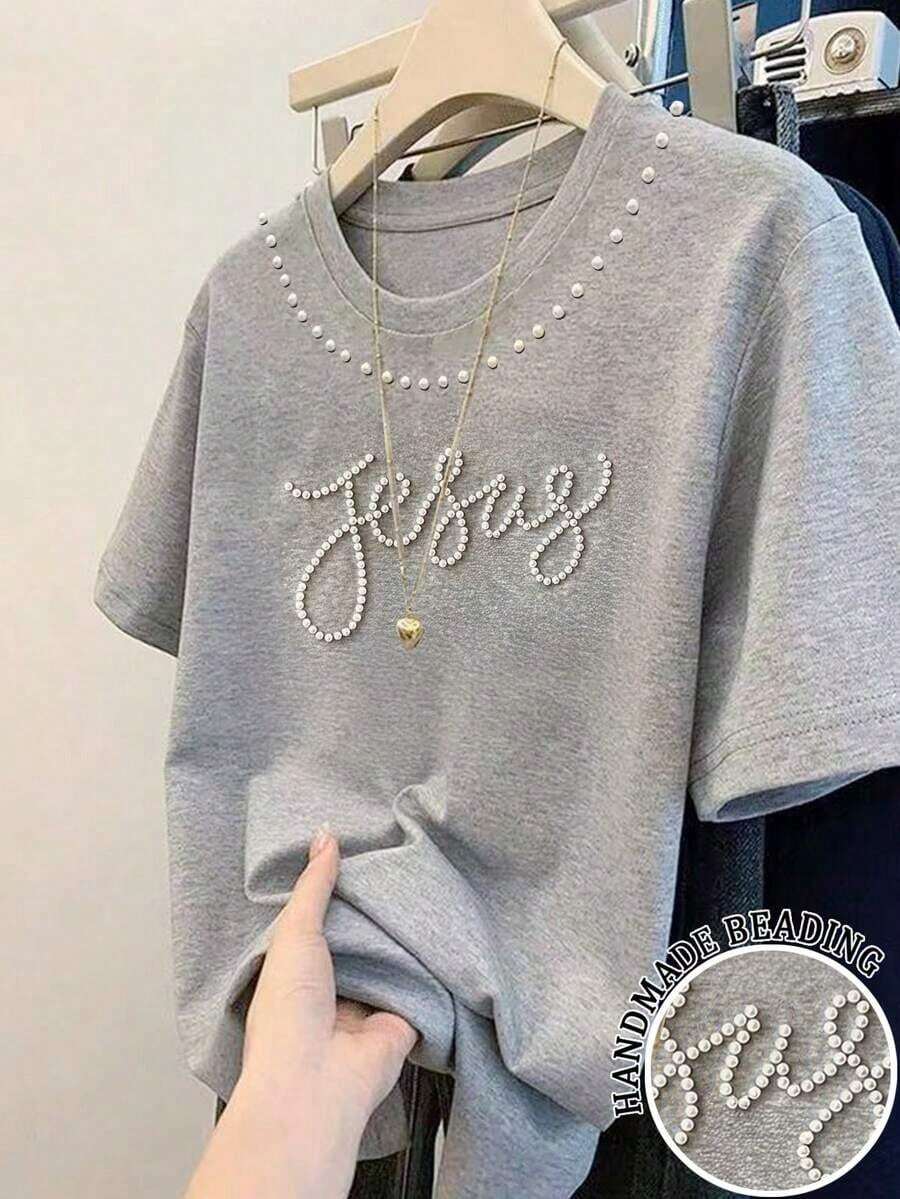 Camiseta casual de mujer con estampado de oso a rayas, verano - Gris Claro - Ver 1