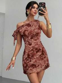 Vestido mini de verano nuevo para mujer con estampado floral, cuello asimétrico, sexy y elegante para vacaciones.Vestido floral de malla, vestido de cuello asimétrico, ropa de primavera/verano, atuendo de playa, elegante, sexy, vacaciones, playa, - Marrón - Ver 8