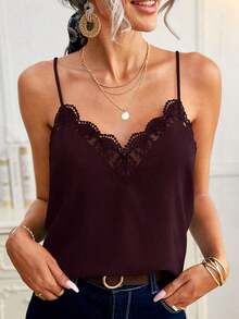 Frenchy Camiseta suelta de encaje con contraste para mujer - Burdeos - Ver 1