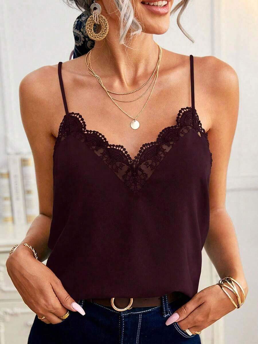 Frenchy Camiseta suelta de encaje con contraste para mujer - Burdeos - Ver 1