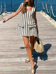 Conjunto de vacaciones para mujer: Vestido mini casual de playa de estilo bohemio con parches a rayas, elegante para el verano - Gris - Ver 5