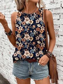 Camiseta de tirantes casual con cuello redondo y estampado floral para mujer - Multicolor 2 - Ver 3