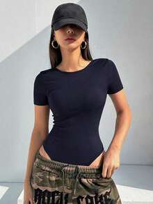 Mono de mujer de verano de manga corta, unicolor, con espalda descubierta y envolvente, camiseta informal tipo body Y2K para mujer - Azul marino - Ver 5
