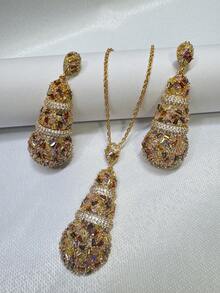 2pcs Necklace Set, Middle Eastern Rainbow Luxurious Jewelry, Zigzag Colorful Pendant Necklace, Asymmetrical Zirconia Micro-Copper Gold-Plated 5pcs Jewelry Set Necklace Earrings, Suitable For Daily Wear, Gifts For Girlfriend, Parties, Formal Dresses, Weddings - four piece set - View 2