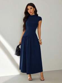 Vestido casual largo plisado de manga abullonada y cuello alto en unicolor para mujer, de verano - Azul marino - Ver 10