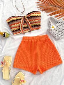 2 piezas Conjunto de top corto a rayas y shorts de cintura alta para mujer, adecuado para vacaciones, citas, té de la tarde, playa, crucero, viaje a la ciudad, festival de música, estilo bohemio de playa - Multicolor 2 - Ver 7