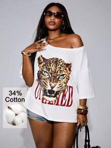 Camiseta de manga corta  para mujer, talla grande, estilo oversize, tallas inclusivas, ropa de calle para uso diario, estilo Y2K, para carnaval, festival de música, ropa de calle vintage, informal, con estampado gráfico blanco y de leopardo, cuello asimétrico, cómoda, para ocio. - Blanco - Ver 7