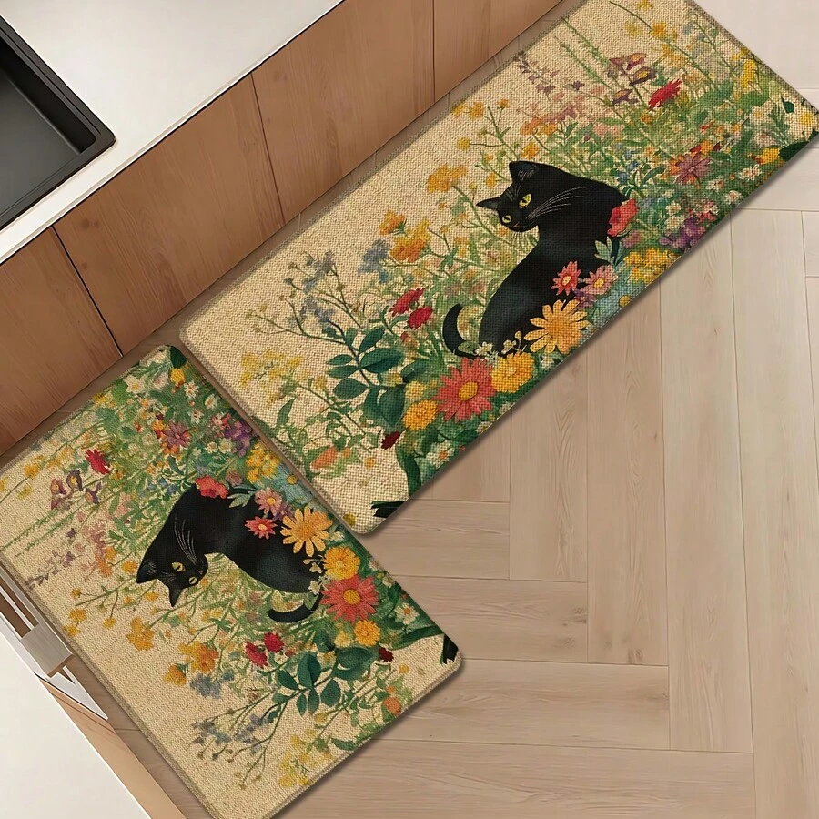 1件猫咪图案印花亚麻厨房地毯,可用作门垫、浴室垫、走廊垫,3D印花长方形地毯,适用于客厅、卧室、走廊、浴室、洗衣房 - 涤纶材质,室内外家居装饰 - 彩色 - 查看 1