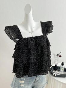 Blusa de mujer con patrón de cuadros arrugados, lunares negros, diseño suelto de mangas con volantes - Negro - Ver 7