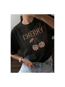 YOCASA Camiseta informal de verano para mujer, de cuello redondo, ajustada y manga corta, con estampado de pintura al óleo, floral, de corazones, de cerezas y de letras. Tejido informal sencillo, estilo deportivo, ideal para el día a día y para una cita de San Valentín..1 pcs,180g Pure Heavy,95%Polyester 5%Spandex - Negro - Ver 7
