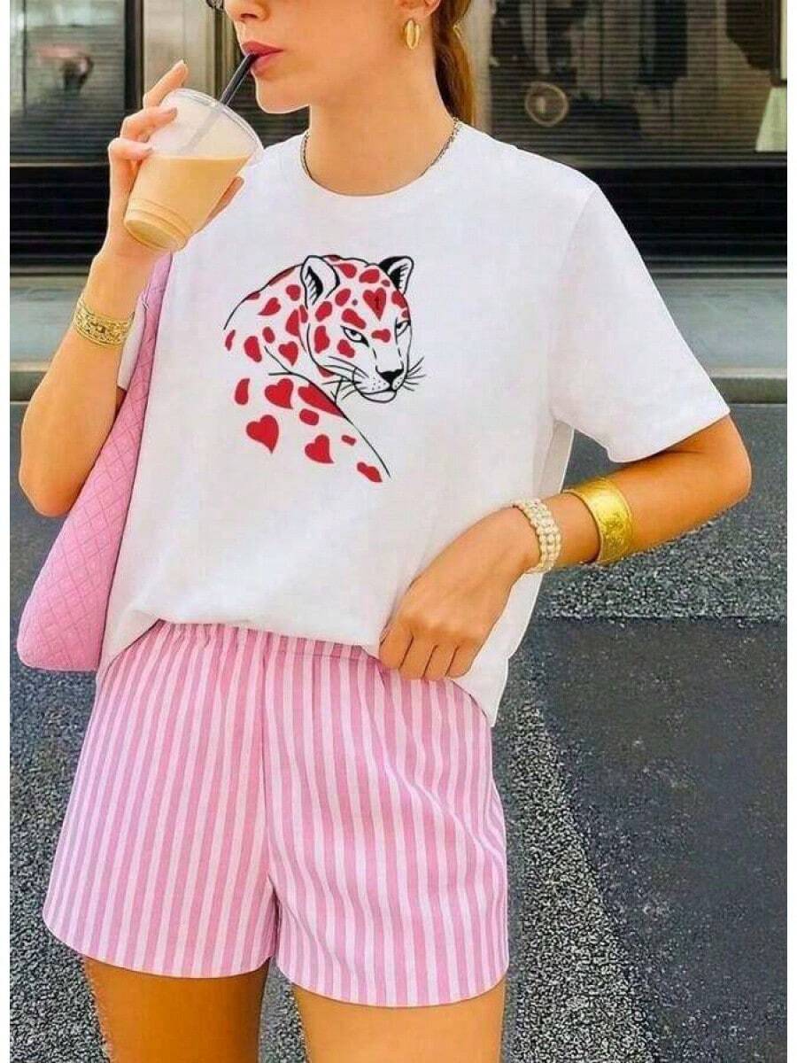 A Short-Sleeved T-Shirt With A Retro American Style, Loose Fit, Print (The Pants Are Just Style Suggestions), Thick Multicolored T-Shirt, 100% Cotton Material, Modern Print, Suitable For Both Men And Women, New Spring/Summer/Autumn Style, Breathable And Comfortable, Simple And Versatile, The Stylish Unisex Tropical Print T-Shirt Is Very Suitable For Holidays, Halloween And Mexican Independence Day Parties. - 白色 - 查看 1