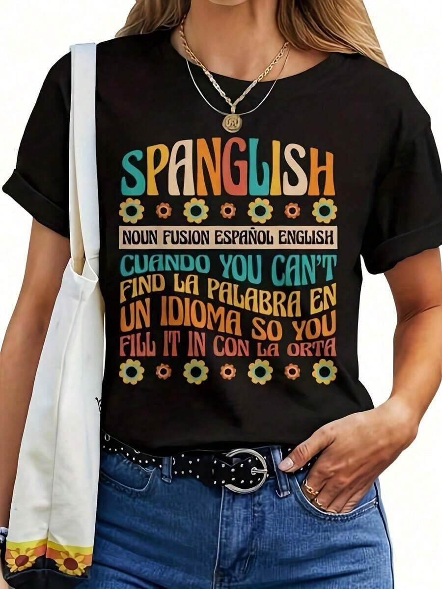 Camiseta ligera para profesores de inglés y español para hombres y mujeres - Estampado divertido con frases bilingües en español/inglés, suave, transpirable, ligera, cuello redondo, manga corta, diseño cultural mexicano con chiles y sombrero, ropa casual adecuada para el aprendizaje de idiomas, 100% algodón. - Negro - Ver 1